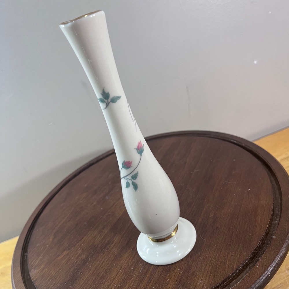 Lenox Bud Vase Vtg Ivory Porcelain Pink Rosebud Gold Trim Made in USA 7.5"